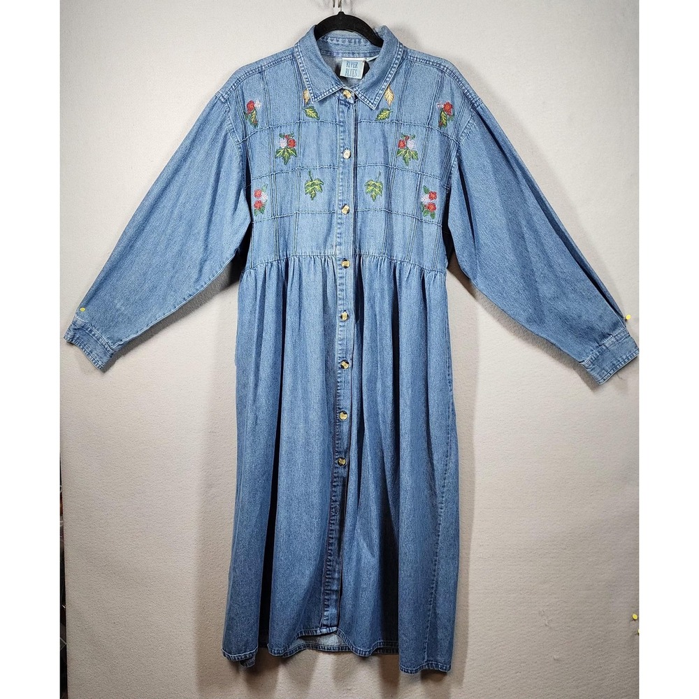 Vintage River Blues Denim‎ Dress Womens Large Embroidered Button Front Pockets